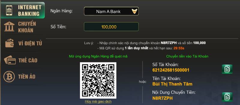 Nạp tiền qua Internet Banking